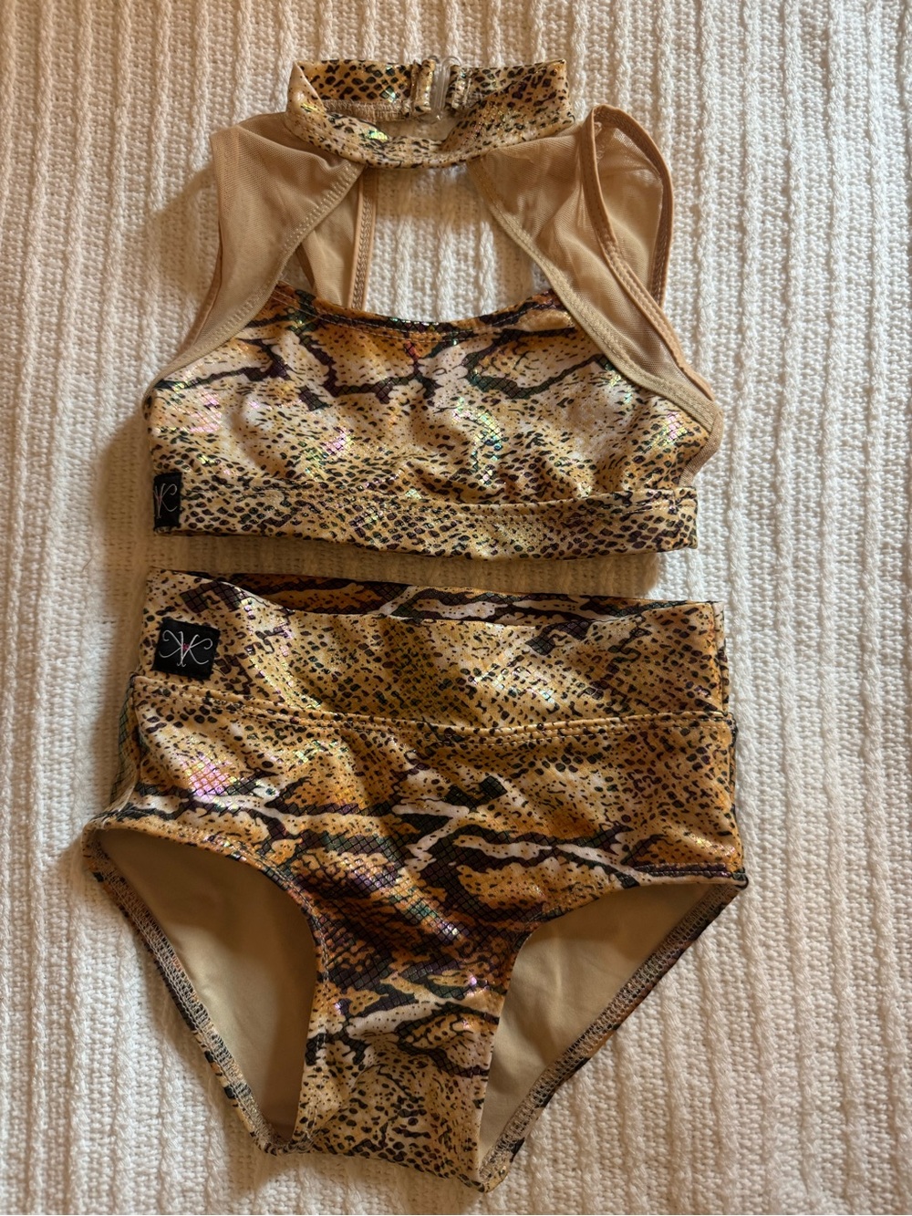 Kids High-Neck Two-Piece Dance Set in Gold Snake Print